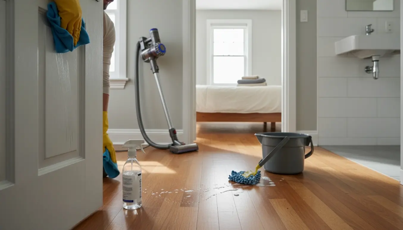 Hænder tørrer en paneldør i et lyst hjem med en støvsuger og moppe på trægulvet.