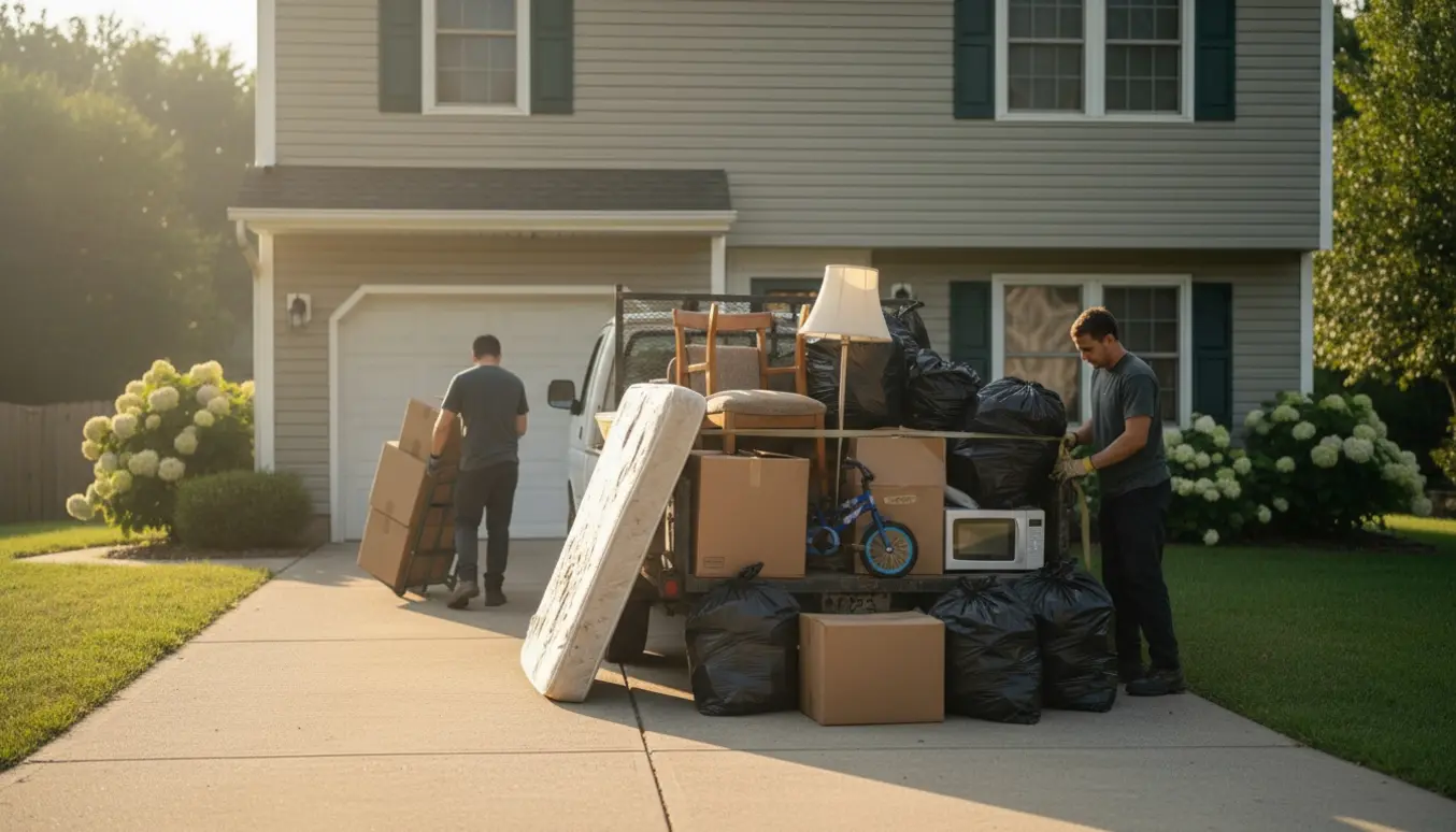 Åben trailer foran et parcelhus fyldt med efterladte møbler og flytteudstyr, mens to arbejdstagere læsser ting væk.