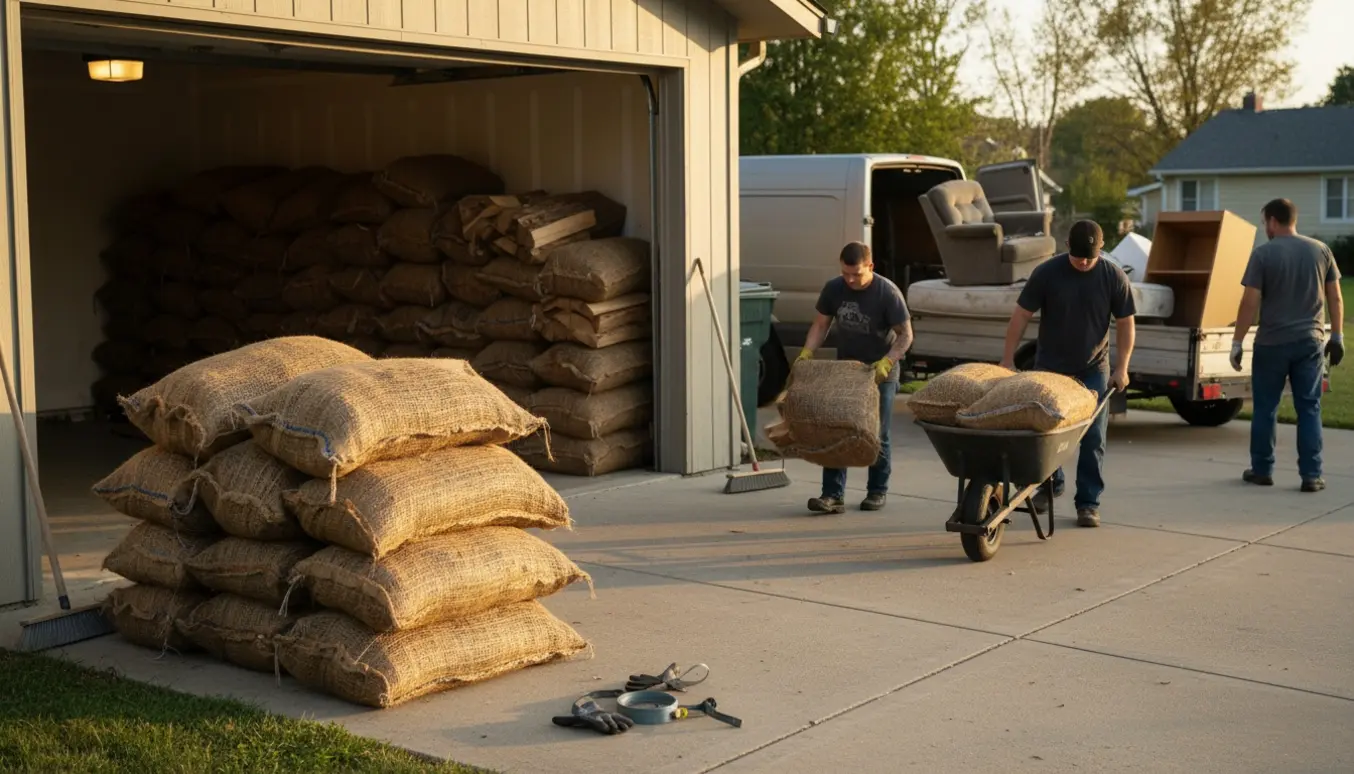 Sække med brænde bæres fra indkørsel ind i garage, mens storskrald læsses i varevogn.