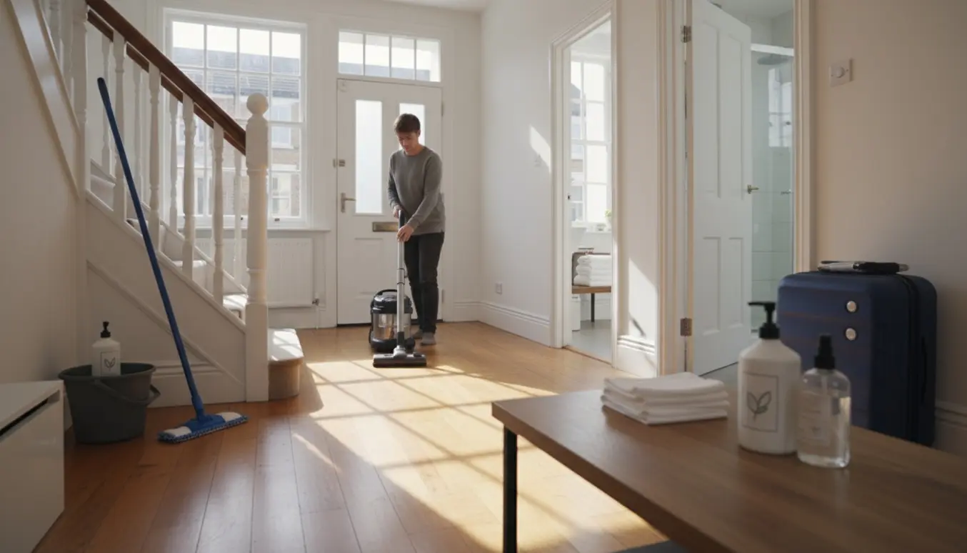 Støvsugning og gulvvask i et lyst rækkehus med rengøringsredskaber og åbent badeværelse i baggrunden.