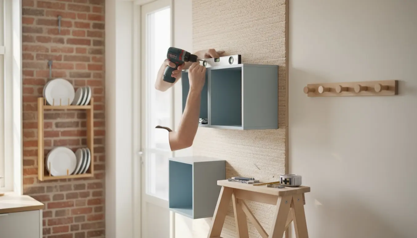 Hænder monterer små reoler, en tallerkenrække og en knagerække på træ-/rørvæg og murstensvæg i et lyst køkken/soverum.