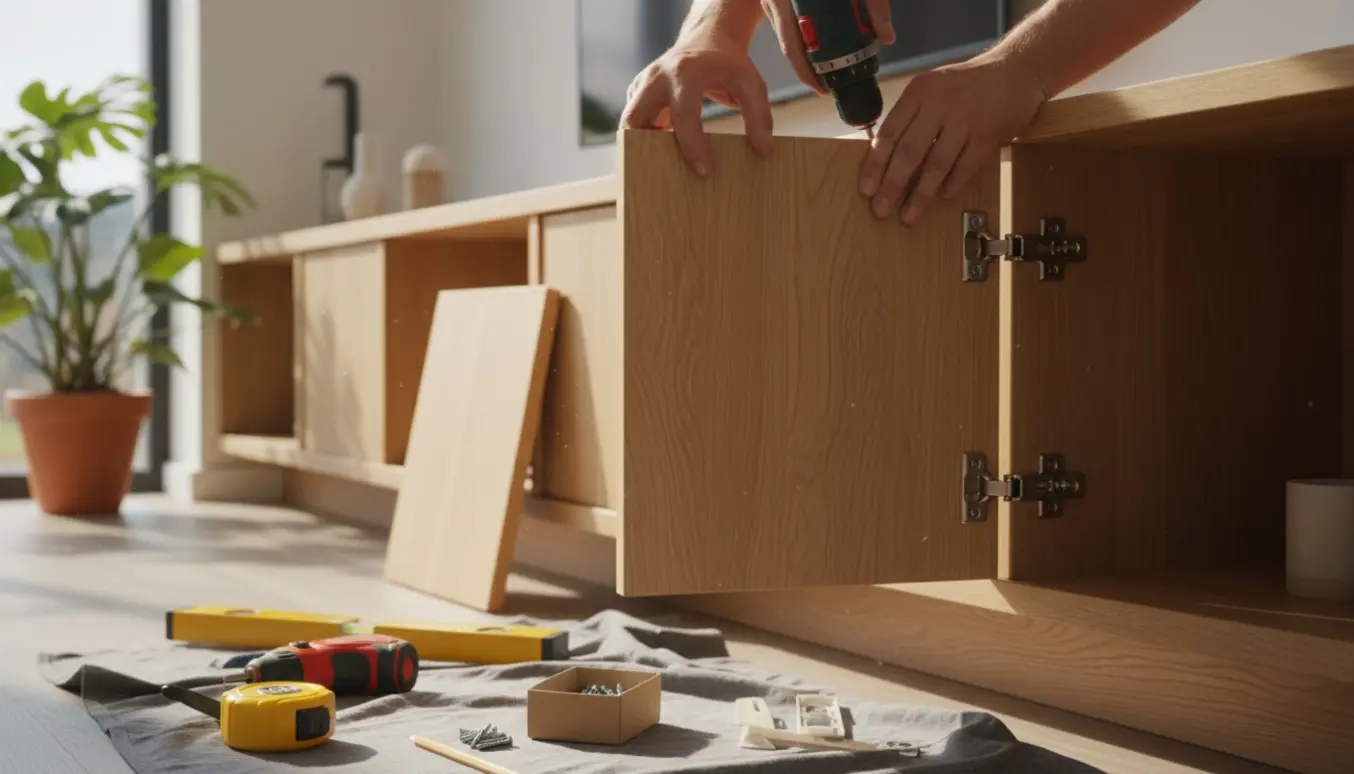 Nærbillede af hænder, der monterer låger på en træreol med bor, hængsler og værktøj i et lyst rum.