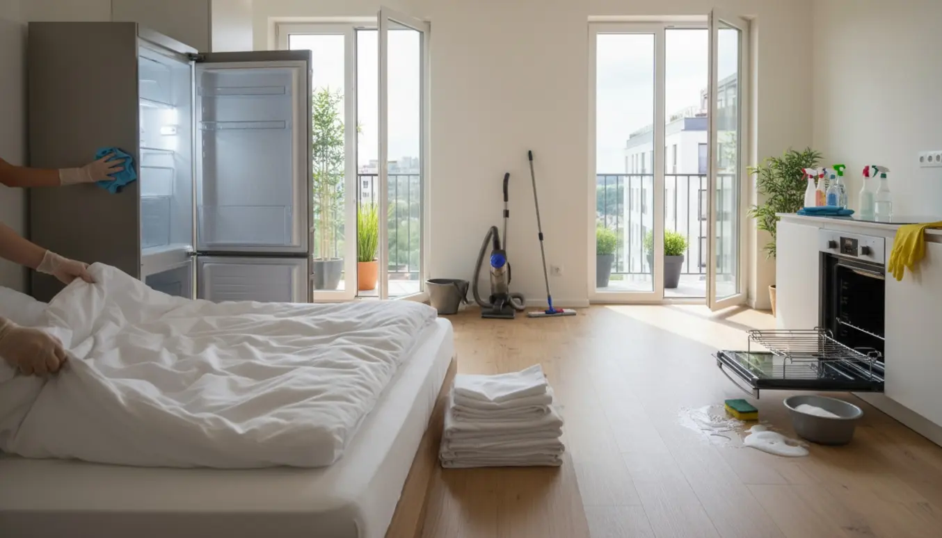 Lyse lejlighed med to altaner hvor køleskab og ovn rengøres, og nyt sengetøj lægges på sengen.