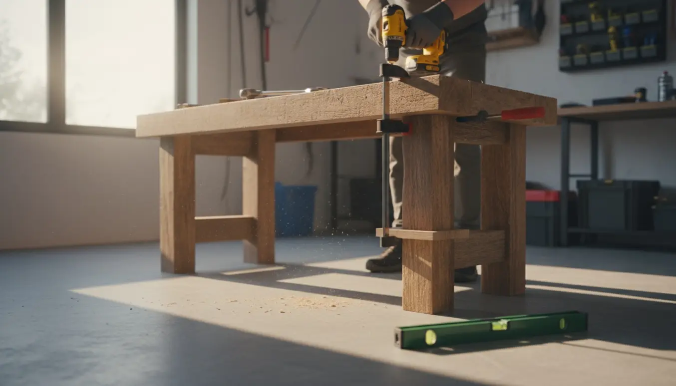 Hjemmelavet arbejdsbord hævet med træklodser under benene mens hænder fastgør dem med en boremaskine.