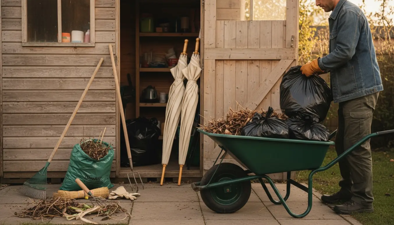Åbent skur med trillebør, fyldte affaldssække, haveredskaber og to sammenklappede parasoller i sollys.