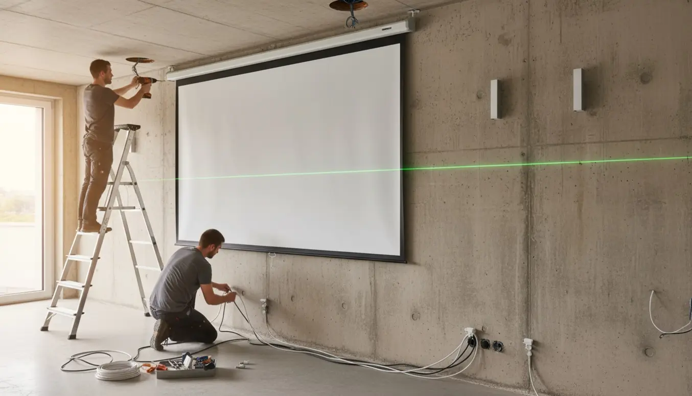 Installatør monterer projektorlærred på betonvæg med stige og laser, mens lamper og kabler justeres.