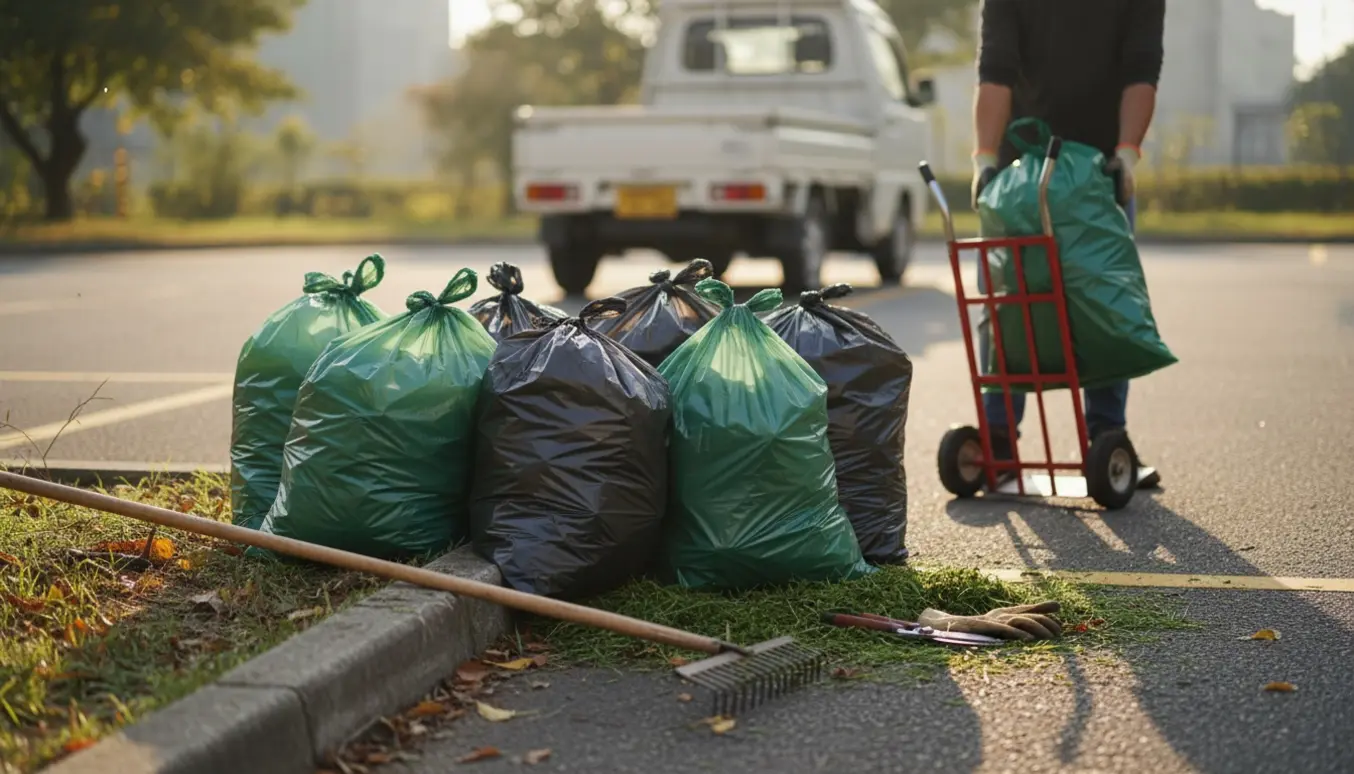 Flere plastsække med haveaffald samlet ved kanten af en parkeringsplads med redskaber og en bil i baggrunden.