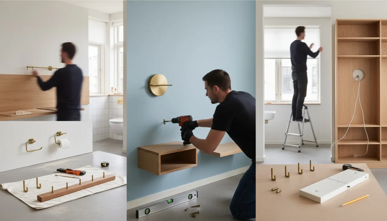 Hænder monterer små møbler og beslag i en lys lejlighed med værktøj og tilpassede installationer.