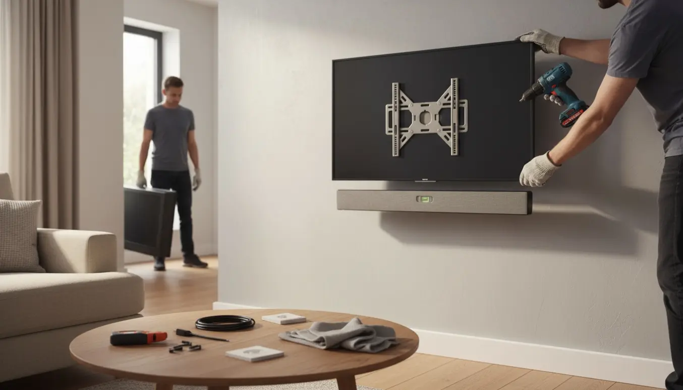 Hænder monterer et vægophængt fladskærms-tv med soundbar i en lys stue, mens et gammelt tv fjernes.