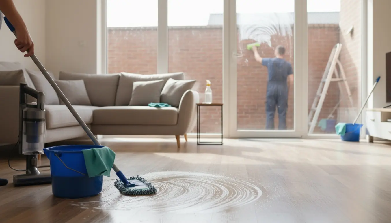 Soloplyst stueplan i rækkehus med rengøringsudstyr og en person, der pudser vinduer indefra.