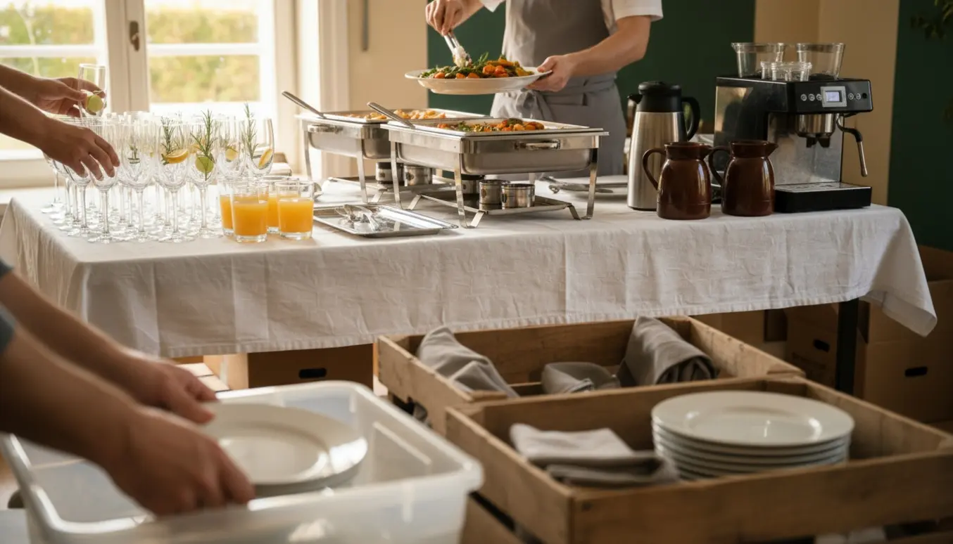 Serveringspersoner anretter velkomstdrinks, fylder buffet op, brygger kaffe og pakker service i kasser ved en konfirmation.
