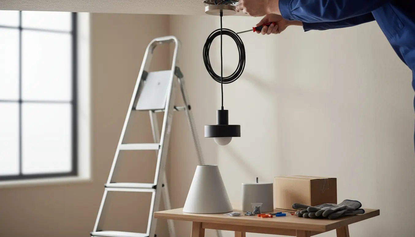 Person på stige monterer en fladpakket loftlampe med lampeskærm og værktøj klar på et bord.