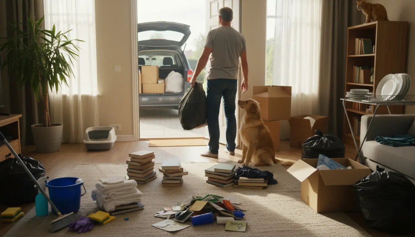 En mand set bagfra rydder op i en rodet villa stue med sorte sække, pakkede kasser, hund og kat i nærheden.