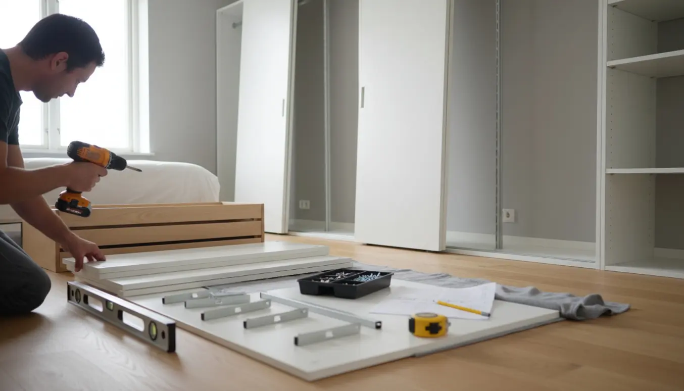 Montør monterer garderobeindretning i entré med værktøj og afmonterede skydedøre i baggrunden.