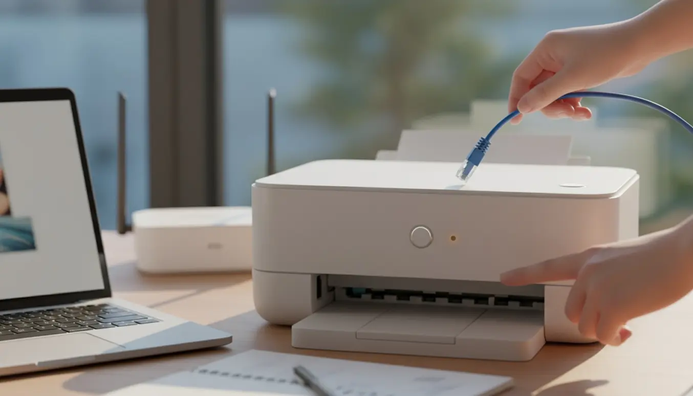 Hånd forsøger at få en trådløs printer online ved et skrivebord med bærbar og router.