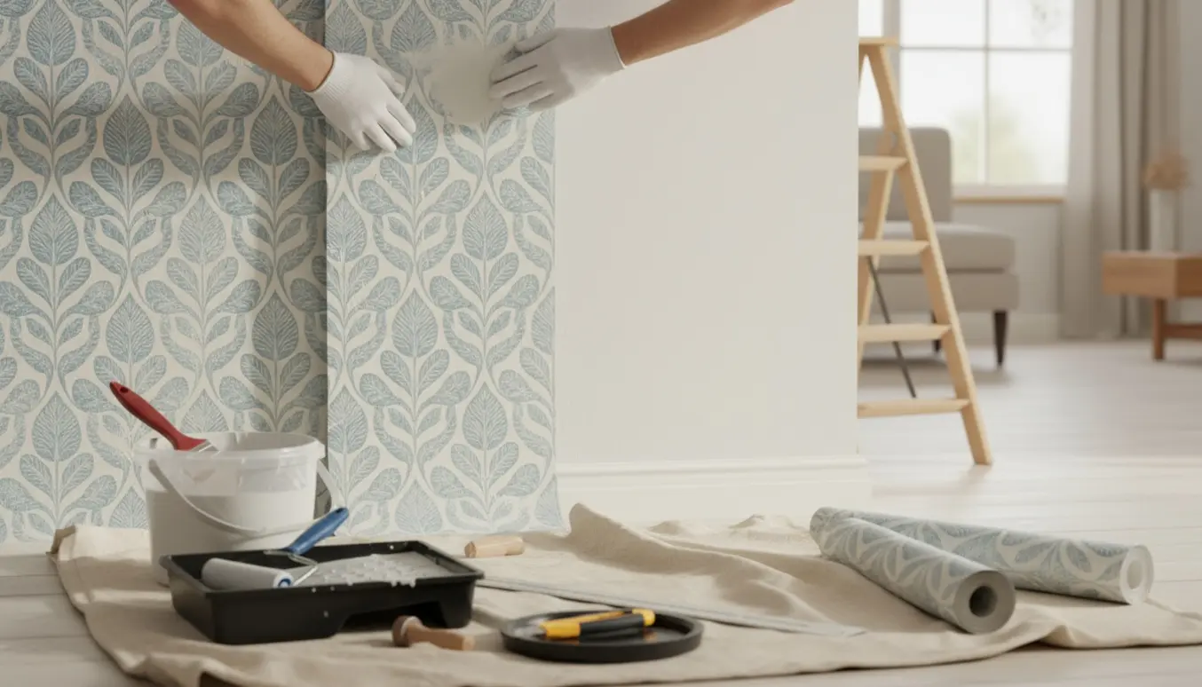 Delvist opsat tapet på en væg med hænder, tapetklæber, rulle og stige i et lyst rum.