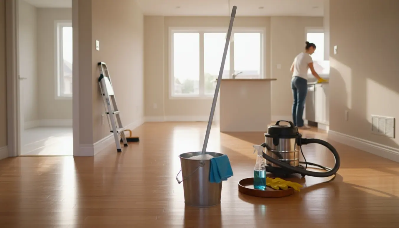 Nyrengjort husinteriør med moppe, støvsuger og rengøringsudstyr ved trappen til kælderen.