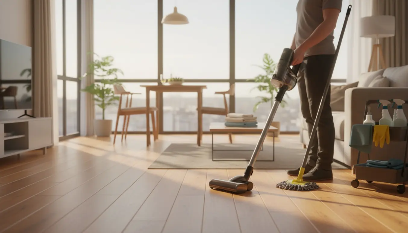 Rengøringsperson støvsuger et lyst, moderne åbent lejlighedsstue med rengøringsudstyr i en kurv.