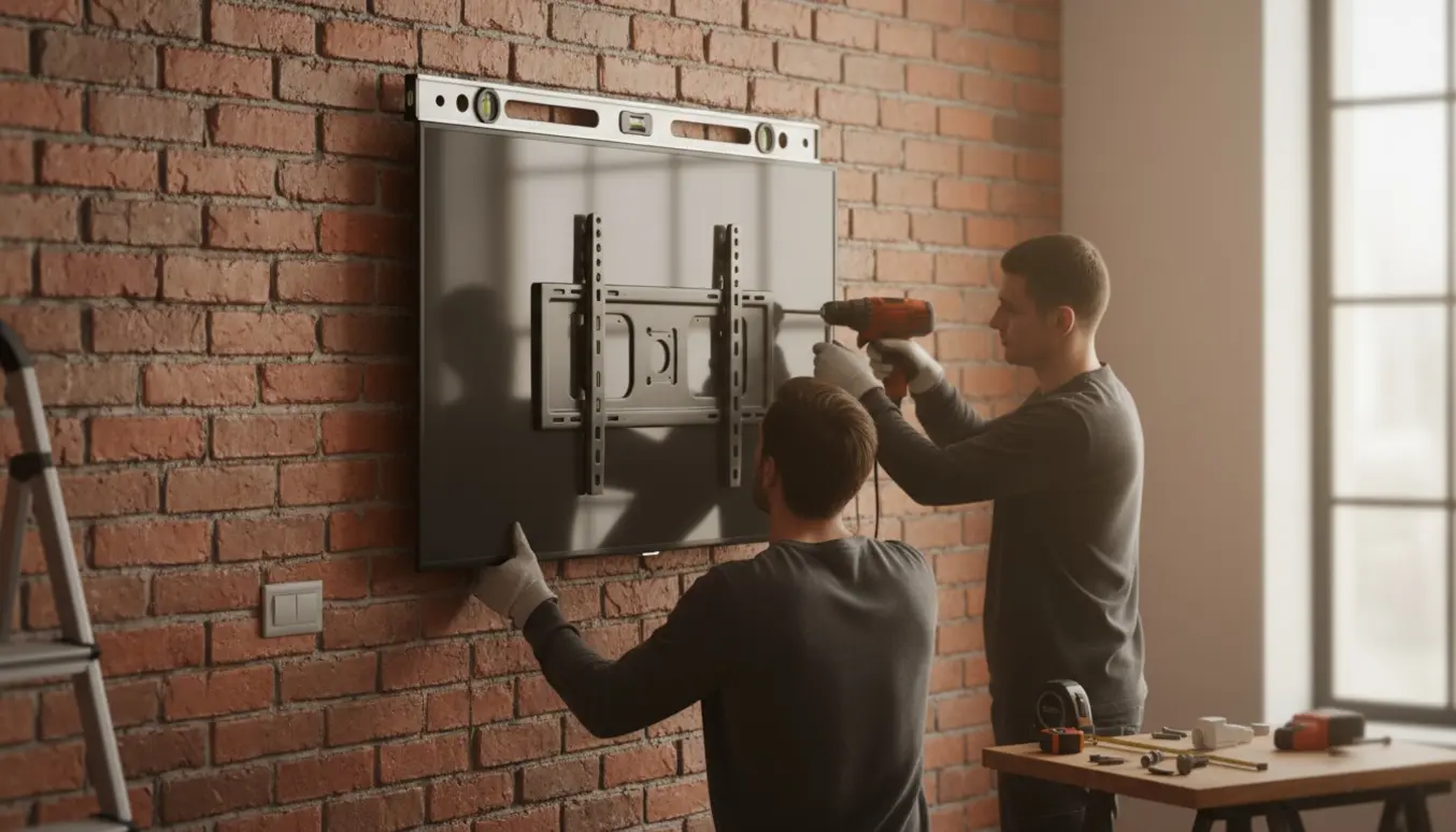 Stor 65 tommers fladskærm monteres på en indendørs murstensvæg med beslag og værktøj synlige.