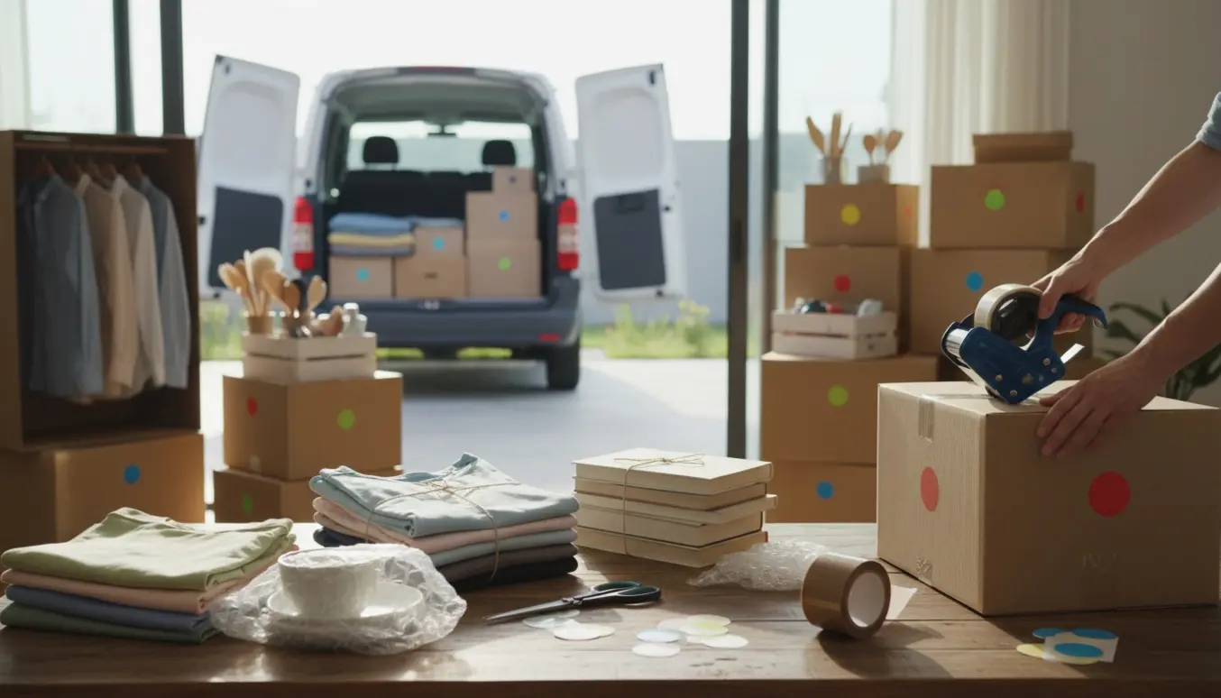 Organiseret nedpakning i en stue med stabler af flyttekasser og åben varebil på indkørsel.