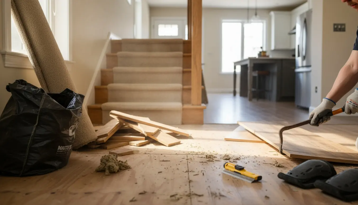 Nærbillede af fjernelse af laminatgulv og sammenrullet tæppe i et lyst hjem, med værktøj og fyldte sække ved trappen.