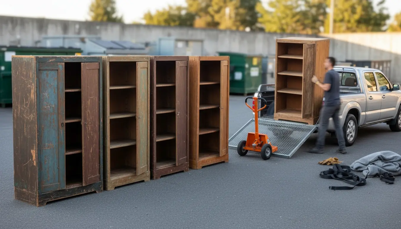 Fire gamle garderobeskabe i indkørsel klar til afhentning og transport til genbrugspladsen.
