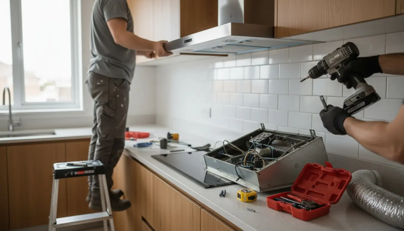 Hænder monterer en rustfri emhætte over kogepladen i et lyst køkken.