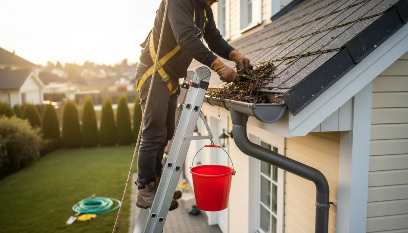 Handskenklædte hænder renser en tagrende på en to-etagers villa med en spand fuld af blade.