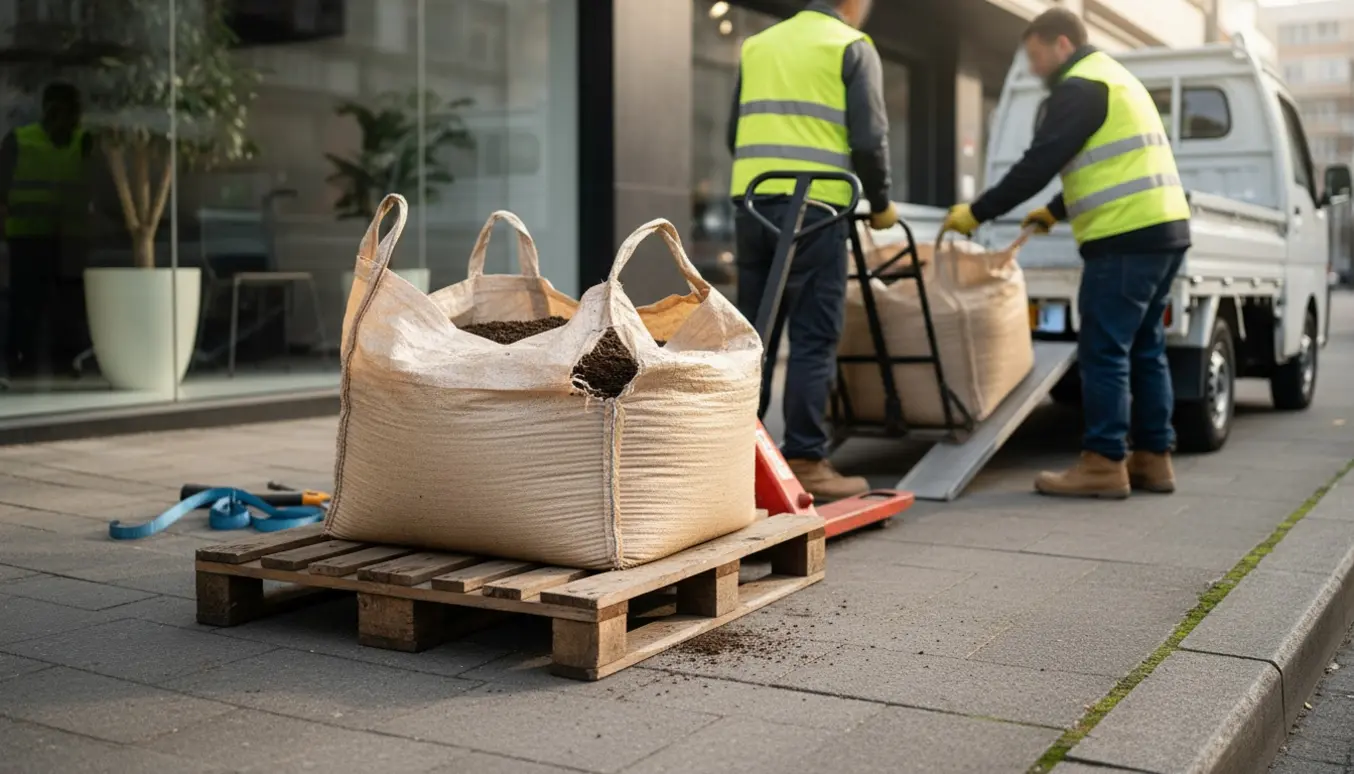 Tung jordpose på en palle løftes med palleløfter foran et showroom.