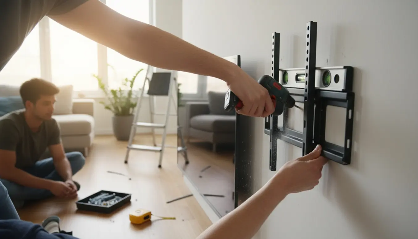 Hænder monterer et stort fladskærms-tv på en væg med boremaskine, beslag og måleværktøj.