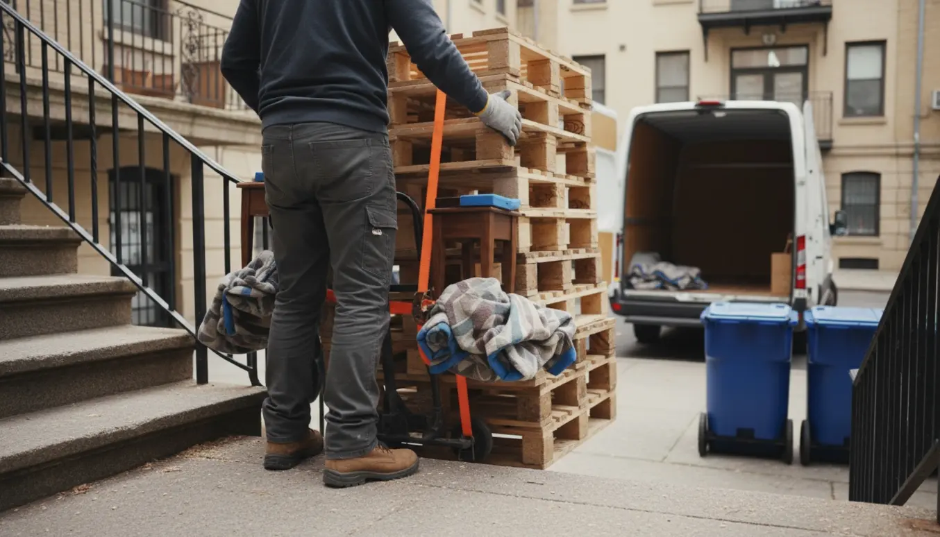 To personer bærer stabler af træpaller og små borde ned fra fjerde sal mod en varevogn.