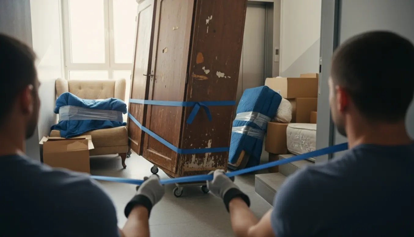 Flyttefolk bærer et gammelt skab ned ad en smal trappe i en lejlighedsopgang med en lille elevator.