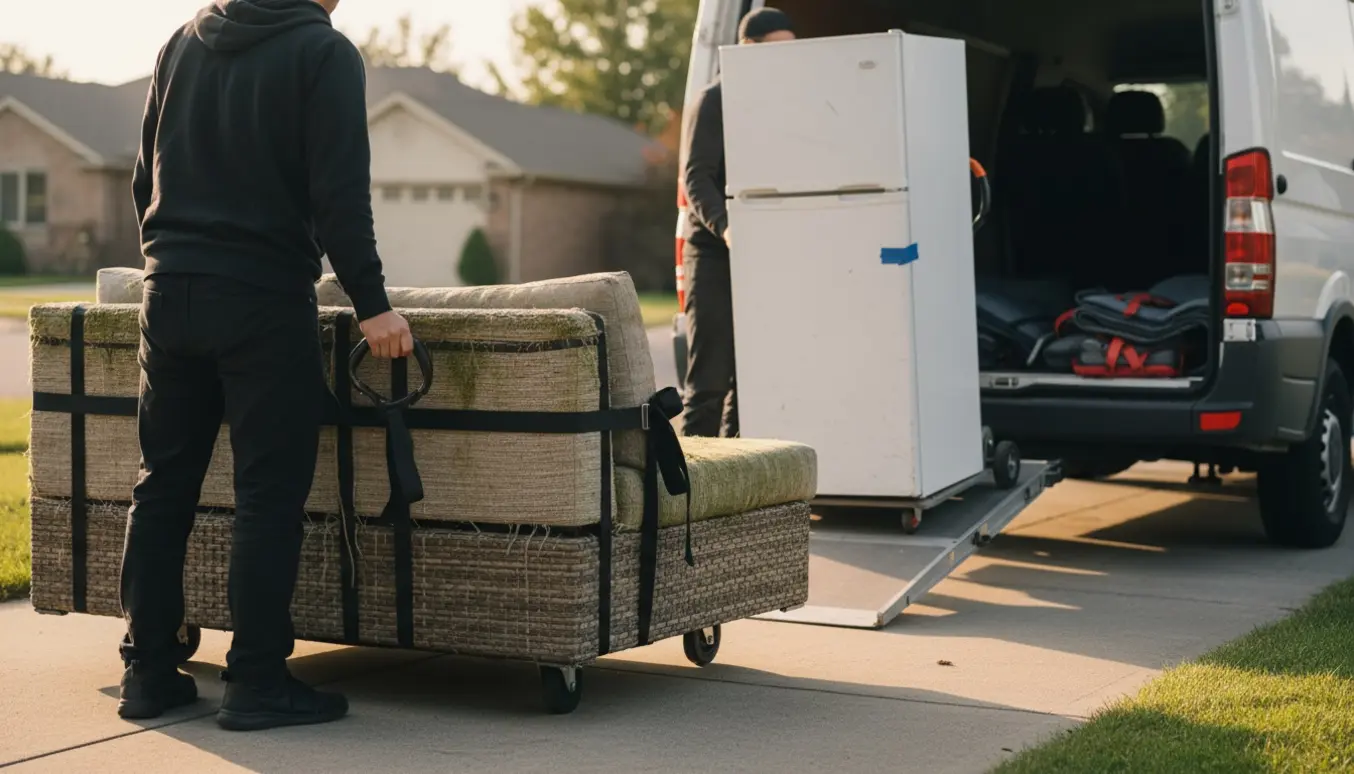 To hjælpere læsser en slidt modulssofa og et 160 cm køleskab på en varebil ved indkørslen.