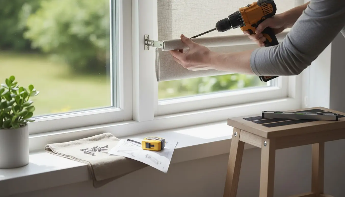 Hænder monterer en persienne med boremaskine i et lyst, skandinavisk vindue.