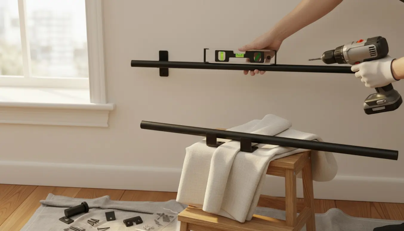Nærbillede af hænder, der monterer en ny gardinestang over et vindue med bor, vaterpas og værktøj.
