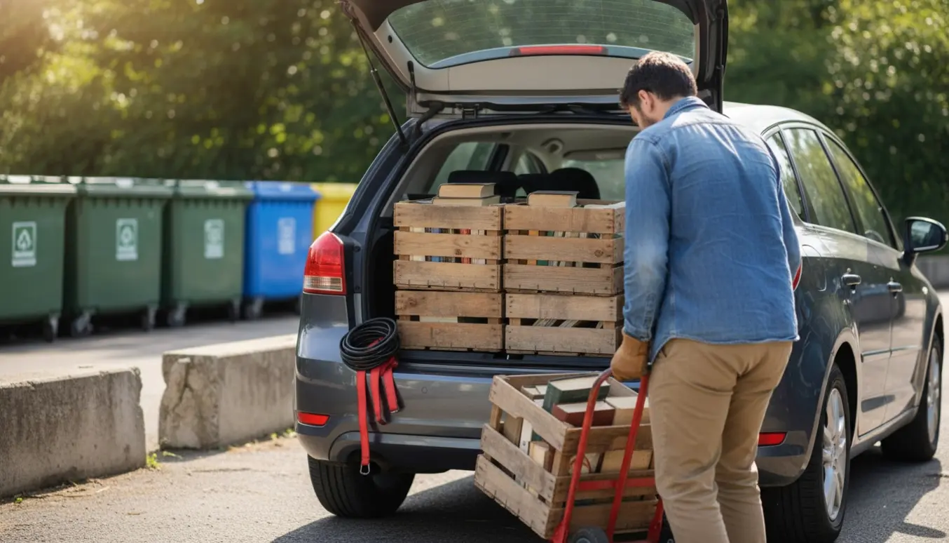 Fire trækasser læsses i en bil ved genbrugspladsen.