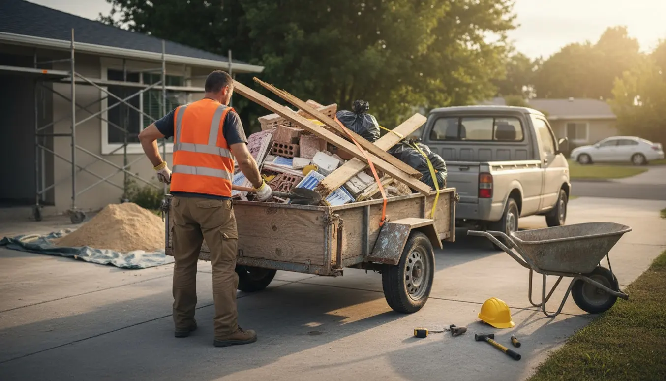 Trailer fyldt med byggeaffald på en indkørsel, en arbejder spænder et lastbånd set bagfra.