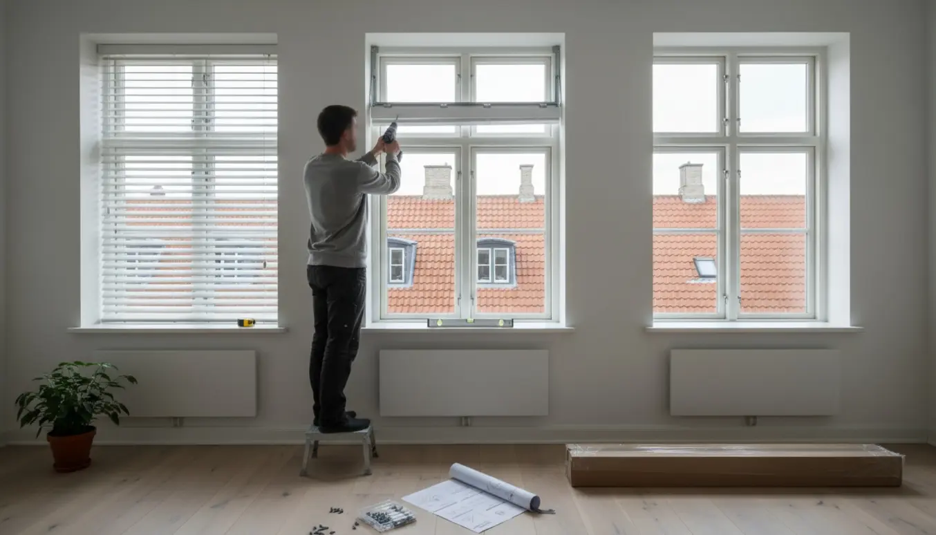 Installer hænger tre hvide persienner op i en lys lejlighed på Amager.