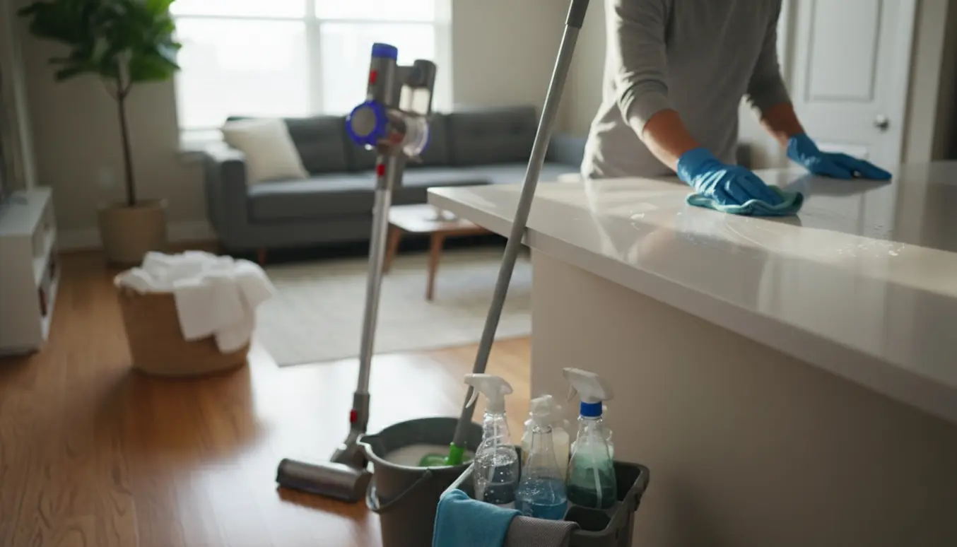Hænder vasker køkkenbord med rengøringsmidler og en rengøringskasse i en lys lejlighed.
