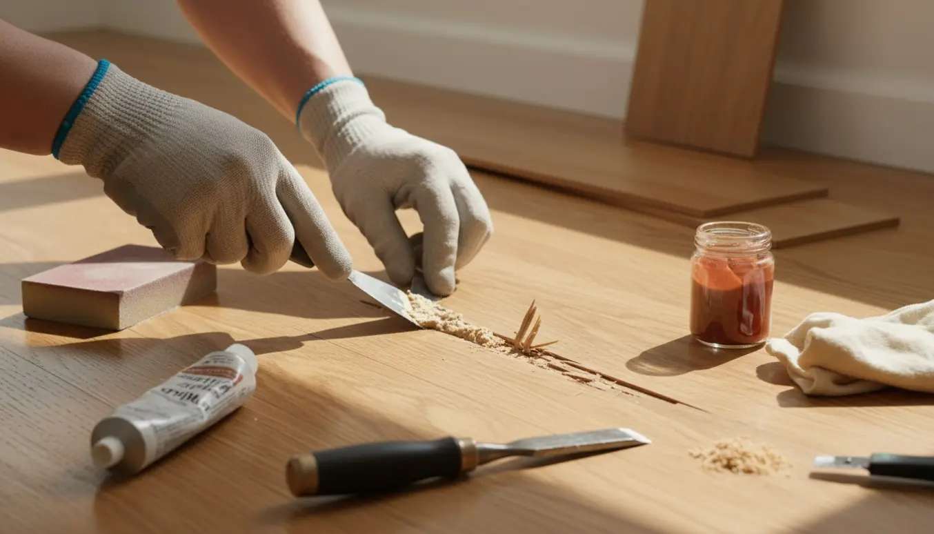 Nærbillede af reparation af trægulv, hvor hænder med handsker fylder en rids i tre-fire gulvstave.