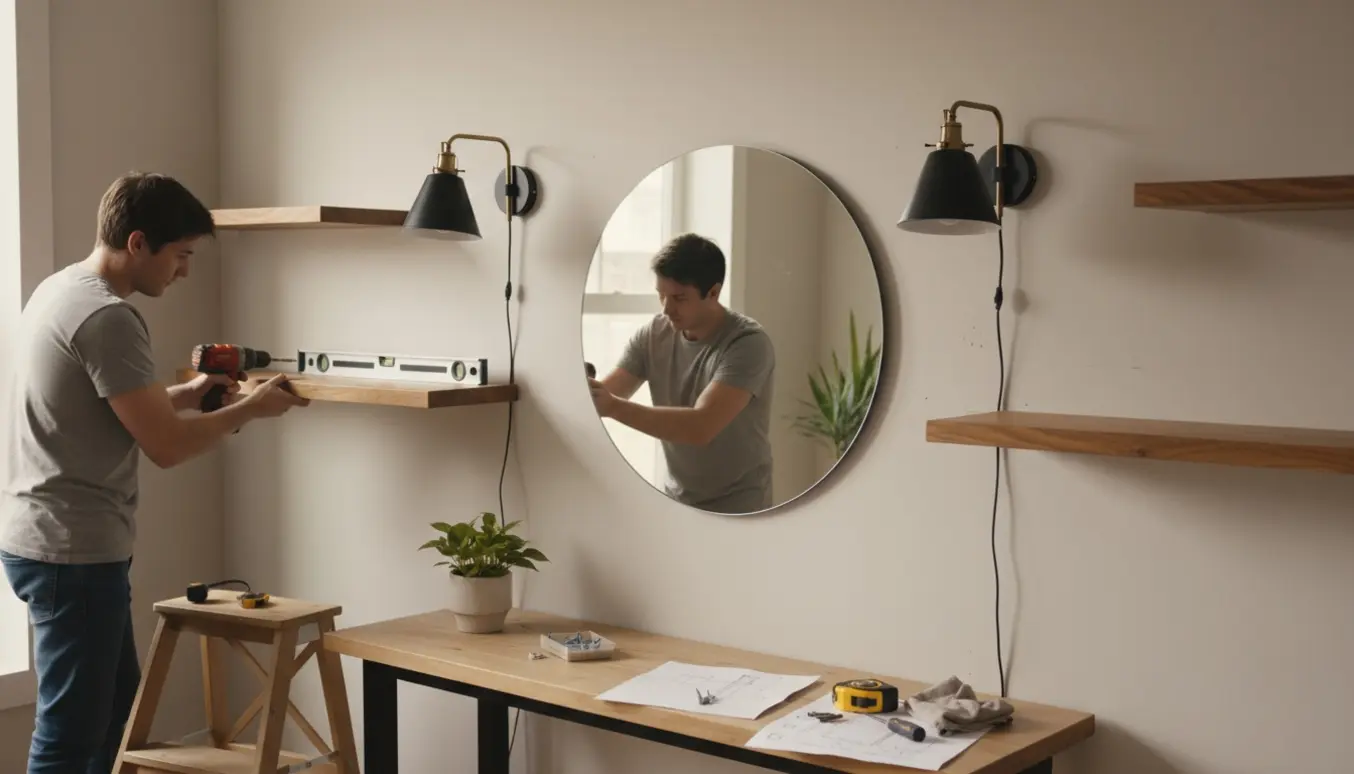 Hænger to væglamper, to svævehylder og et rundt spejl op på en væg med værktøj lagt frem.