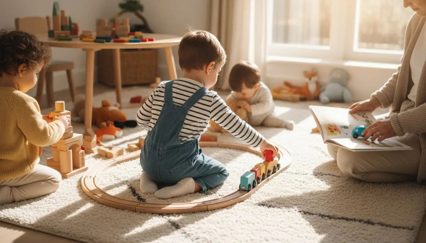 Et solfyldt legeværelse med en 3-årig dreng og andre børn, der leger med træklodser, mens en voksen passer dem.