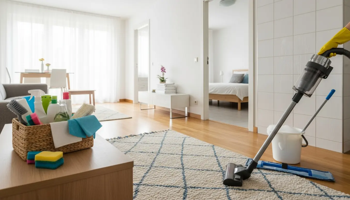 Rengøring i en lys lejlighed med gummihandsker, støvsuger, moppe og rengøringsmidler.