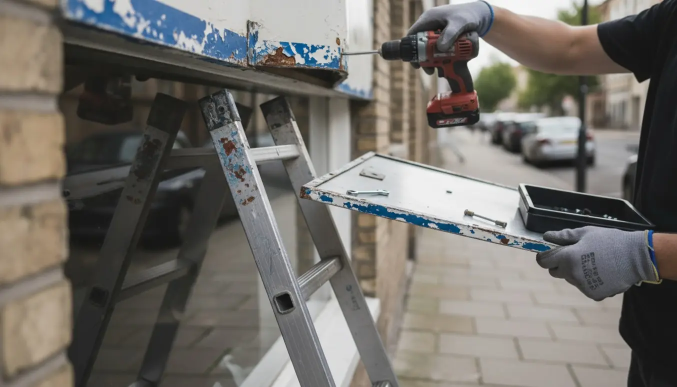 To personer fjerner et metalskilt over et butiksvindue med stige og værktøj, ansigter ikke synlige.