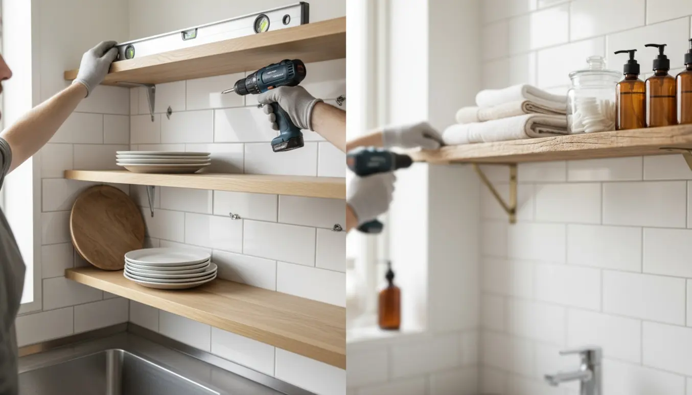 Nærbillede af montering af hylder over køkkenvask og i badeværelse med håndklæder og toiletartikler.