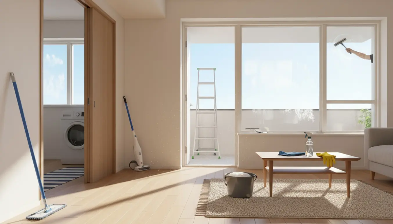 Solbeskinnet stue under forårsrengøring med vinduespudserudstyr, løber i gangen og lille tæppe under sofabordet.