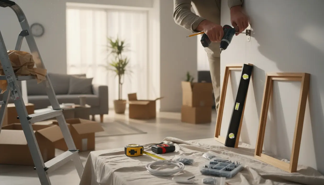 Person monterer lampe og hænger billeder op i en lys lejlighed med værktøj og stige i baggrunden.