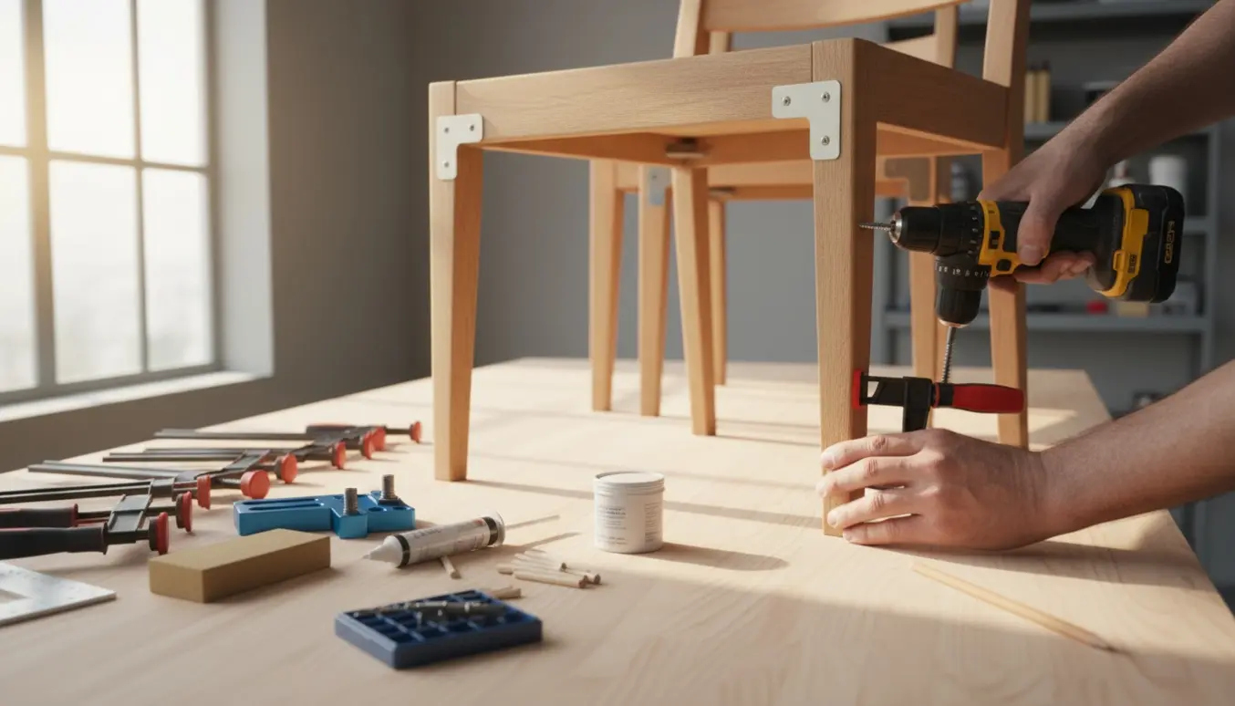 Fire træstole i et lyst værksted, en hånd spænder en metalbeslag og skrue i en løs samling.