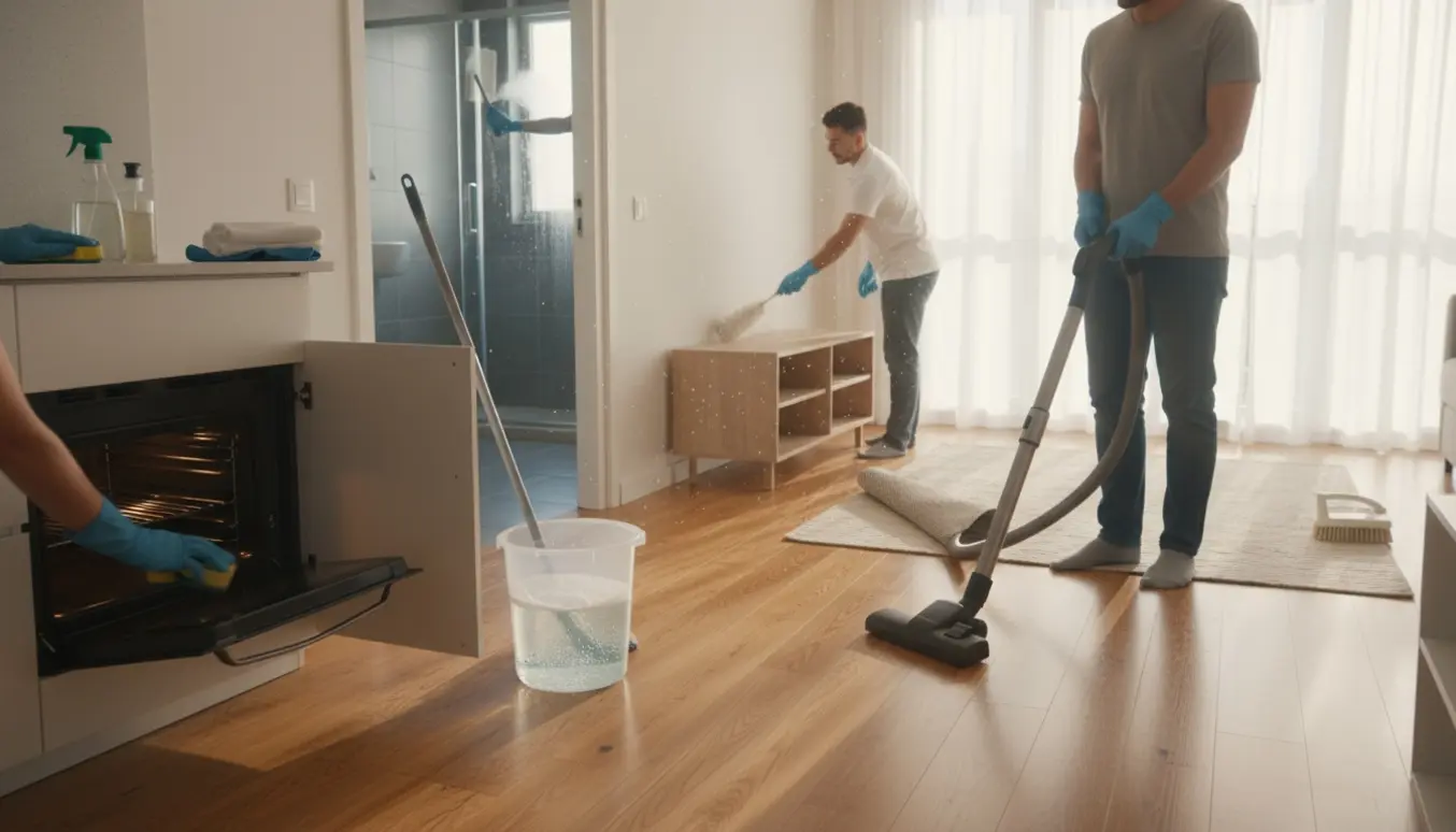 Åben-plan lejlighed under rengøring med støvsuger, moppe og rengøringsmidler.