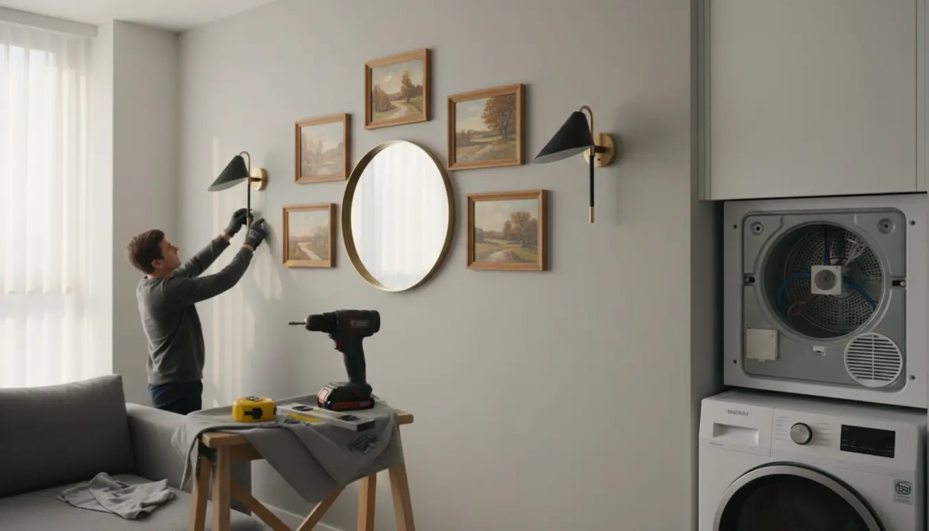 Hænder monterer fem billeder, et spejl og to væglamper på en stuevæg med boremaskine og åben el-udtag ved tørretumbleren.